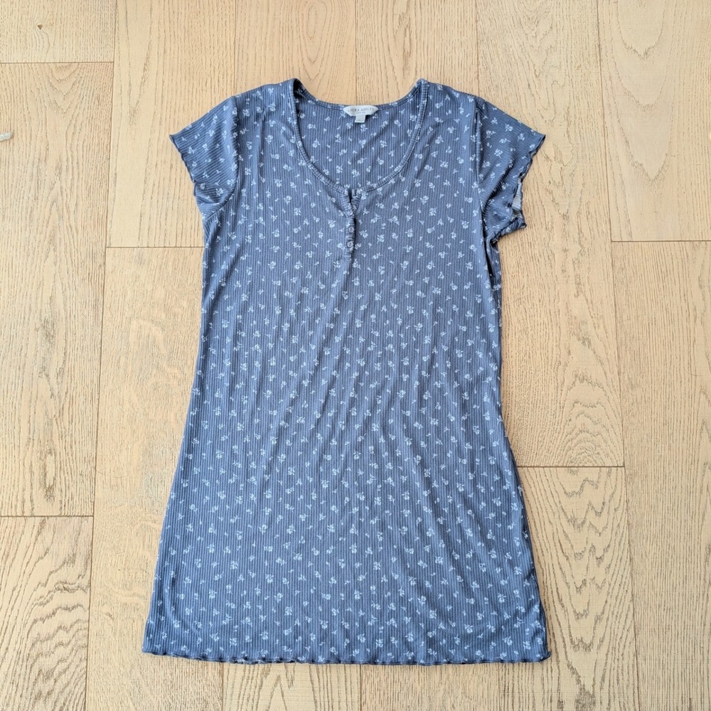 Laura Ashley Blue Floral Ribbed Knit Henley Dress, Size Large, Casual‎ Y2K 1999